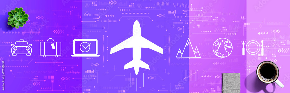 Flight ticket booking concept with a cup of coffee and a notebook