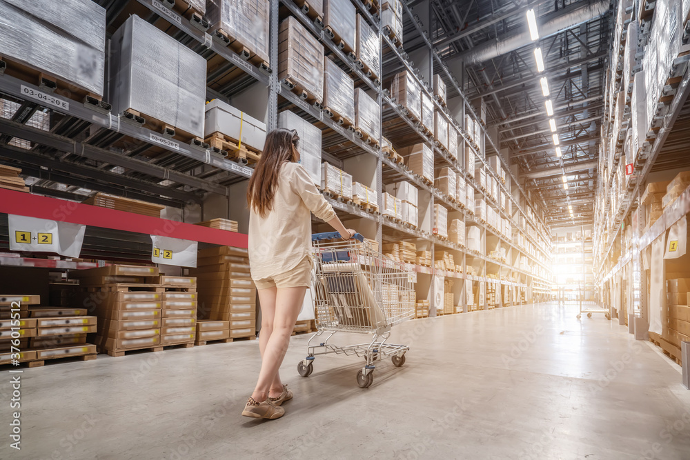 Goods on shelves of distribution center warehouse