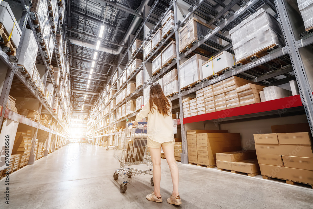 Goods on shelves of distribution center warehouse