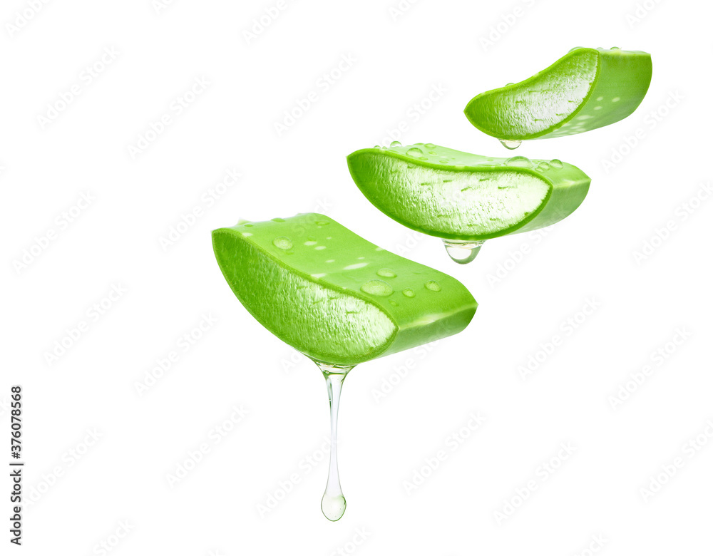 Aloe vera sliced leaf with dripping gel isolated on white background.