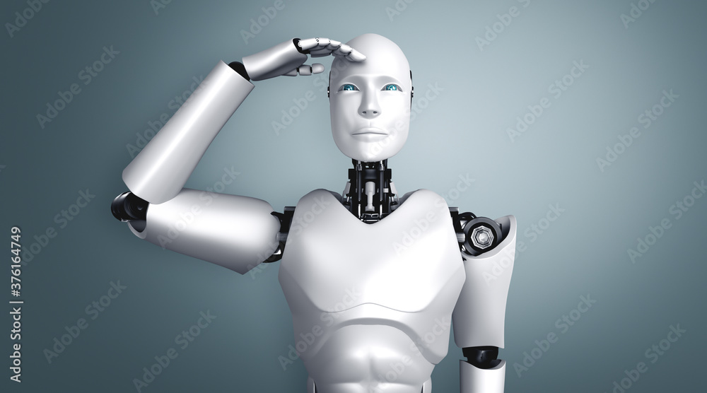 Standing humanoid robot looking forward on clean background 3D illustration