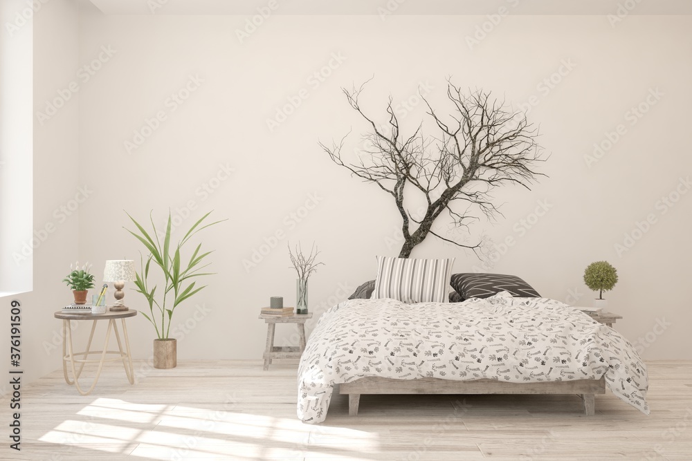 White bedroom interior. Scandinavian design. 3D illustration