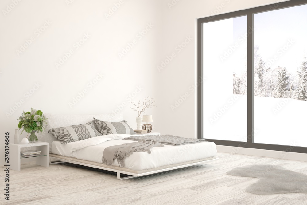 White bedroom interior. Scandinavian design. 3D illustration