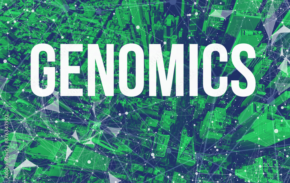 Genomics Theme with abstract network patterns and Manhattan NY skyscrapers