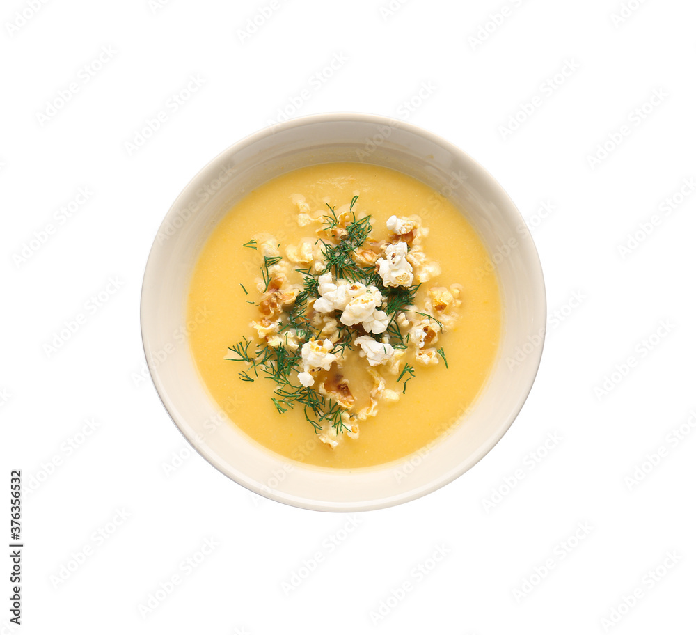 Bowl with tasty popcorn soup on white background