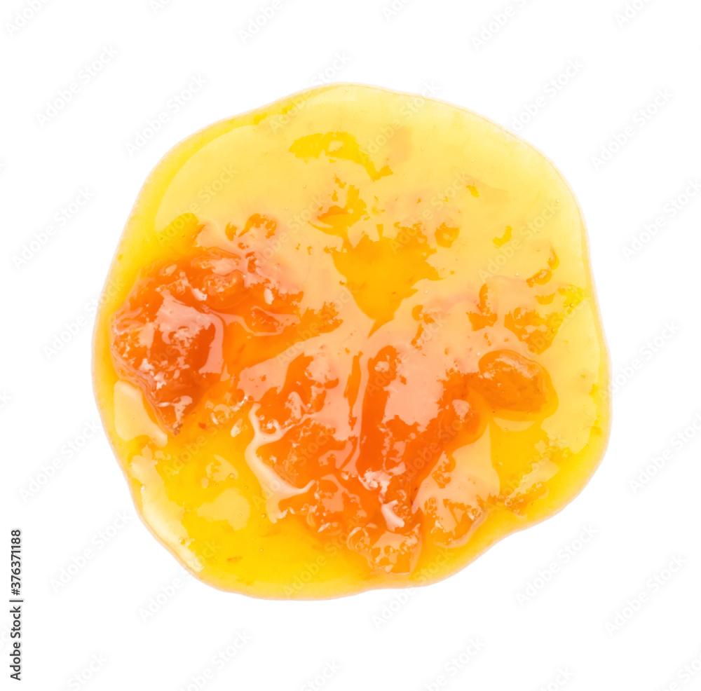 Tasty apricot jam on white background