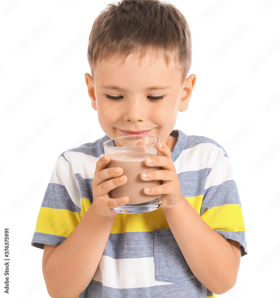 Little boy with tasty chocolate milk on white background