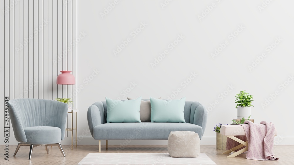 Bright and cozy modern living room interior have sofa,armchair and lamp with white wall background.