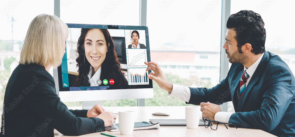 Video call group business people meeting on virtual workplace or remote office. Telework conference 