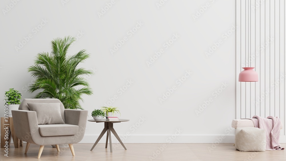 The interior has a armchair on empty white wall background.