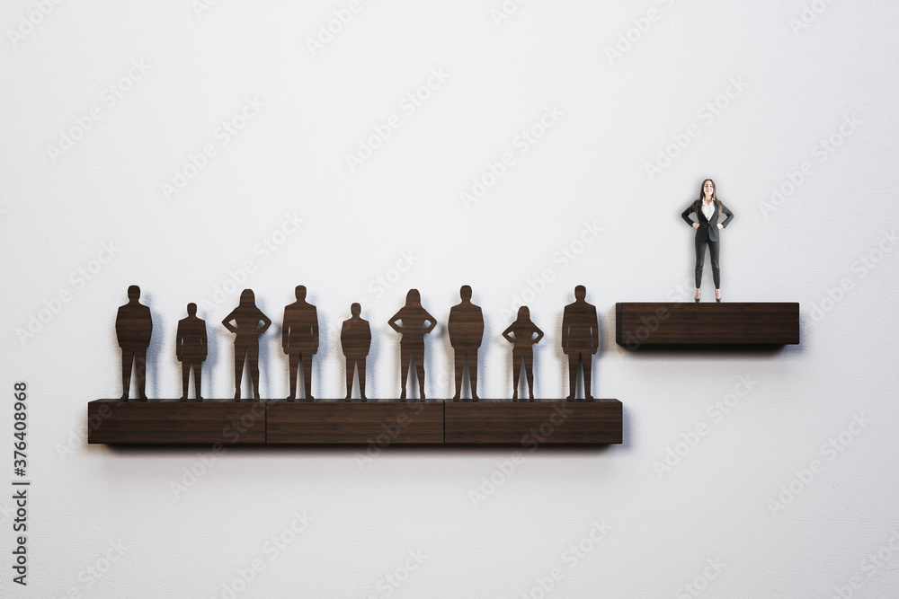 Wooden businesspeople stand on shelf