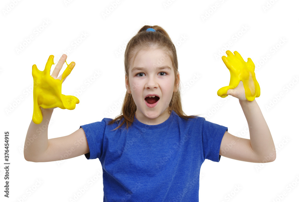 little girl with hands up with slime