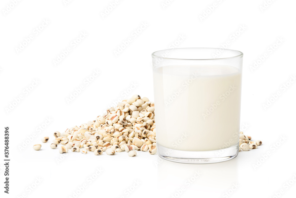 Glass of Jobs tears ( Adlay millet) cereal beverage with seeds isolated on white background