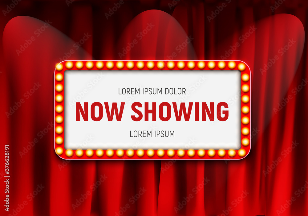 Now Showing announcement board with bulb frame on curtains background. Vector Illustration