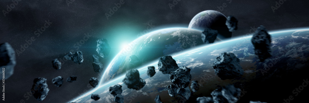 Panoramic space planets background. Panorama of distant solar system with exoplanets 3D rendering el