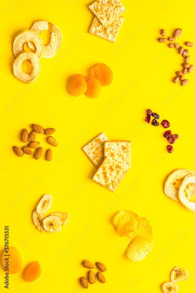 Pattern of nuts and snacks collection top view