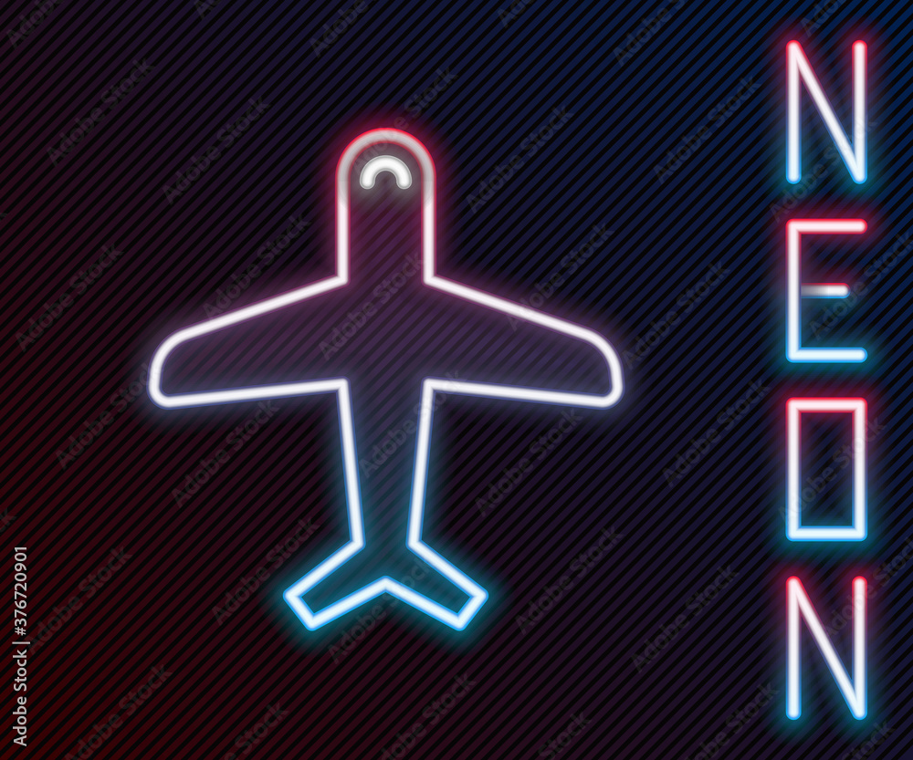 Glowing neon line Plane icon isolated on black background. Flying airplane icon. Airliner sign. Colo