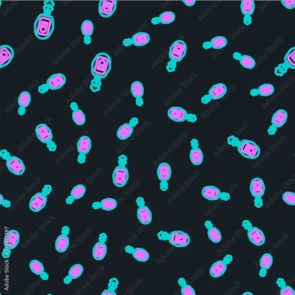 黑色背景上带有远程图标隔离无缝图案的Line车钥匙。车钥匙和报警系统