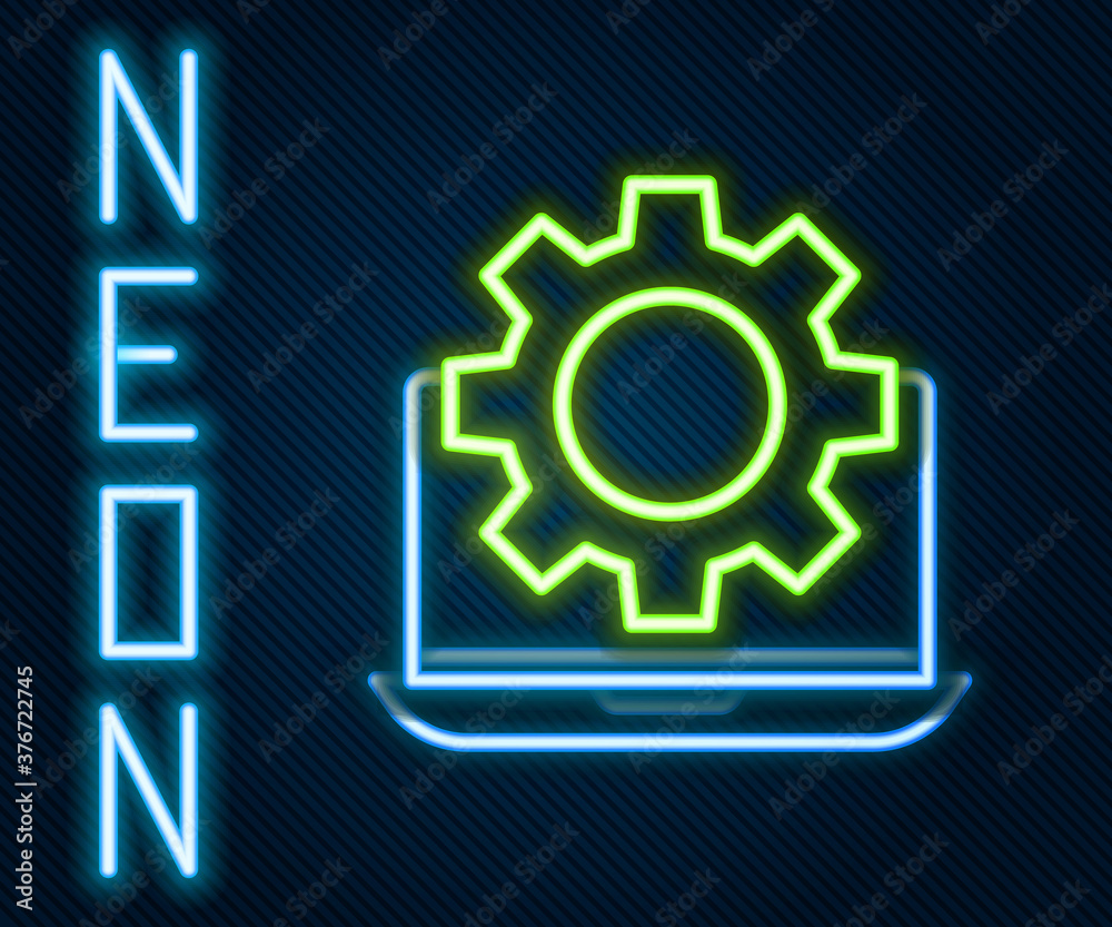 Glowing neon line Laptop and gear icon isolated on black background. Adjusting app, setting options,