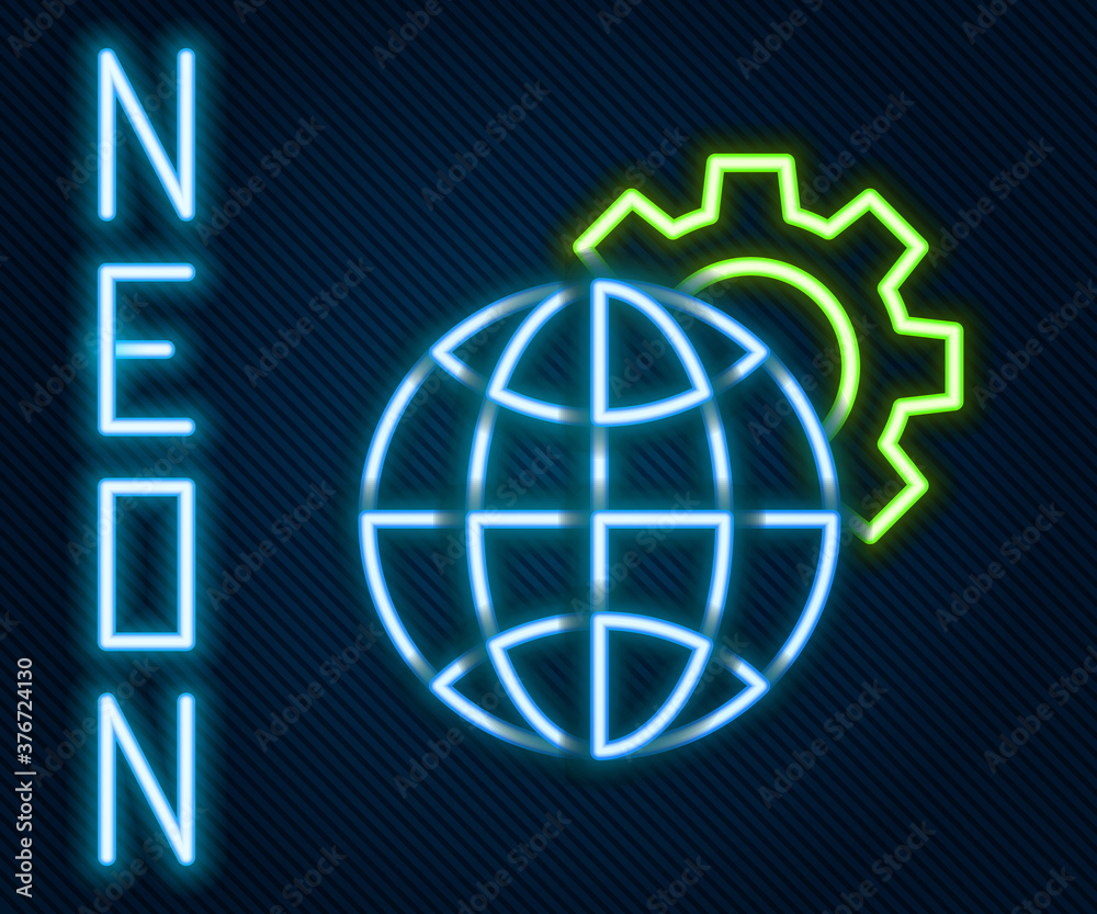 Glowing neon line Globe of the Earth and gear or cog icon isolated on black background. Setting para