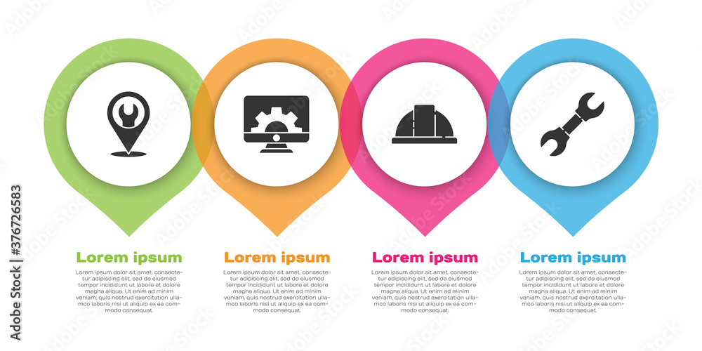 Set Location with wrench spanner, Computer monitor and gear, Worker safety helmet and Wrench spanner