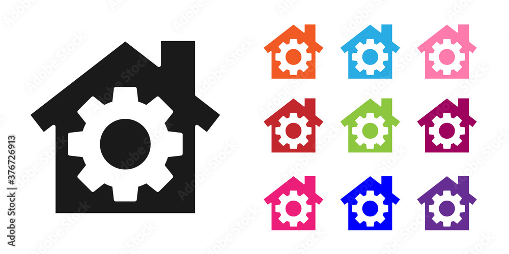 Black House or home with gear icon isolated on white background. Adjusting, service, setting, mainte