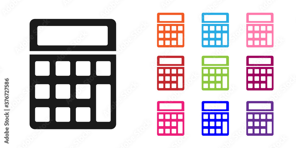 白色背景上隔离的黑色计算器图标。会计符号。商业计算数学