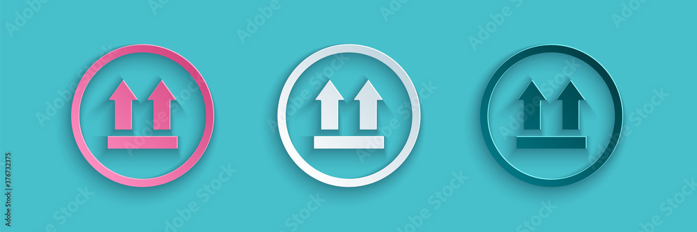 Paper cut This side up icon isolated on blue background. Two arrows indicating top side of packaging