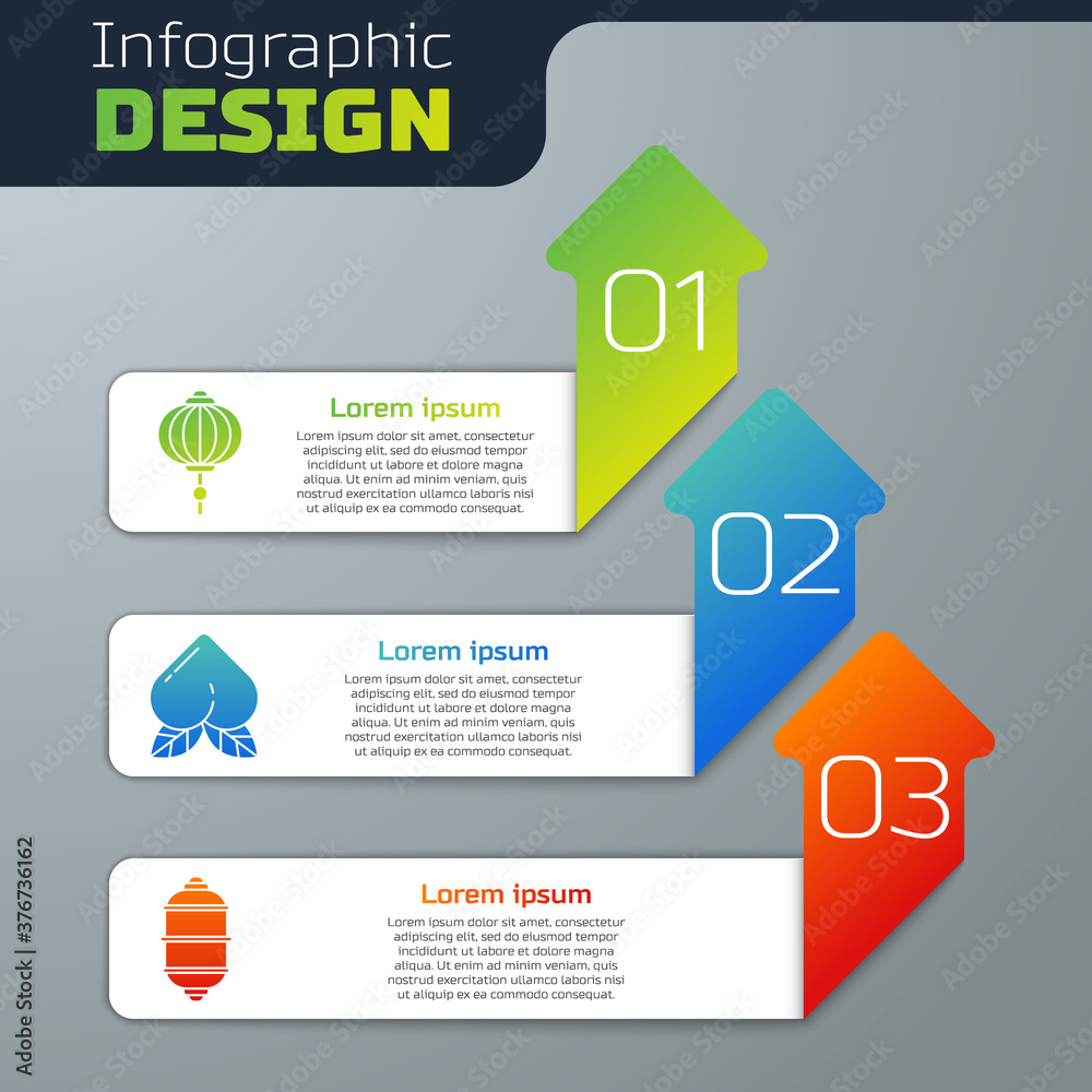 设置中国纸灯笼、蜜桃和中国纸灯笼。商业信息图模板.Vec
