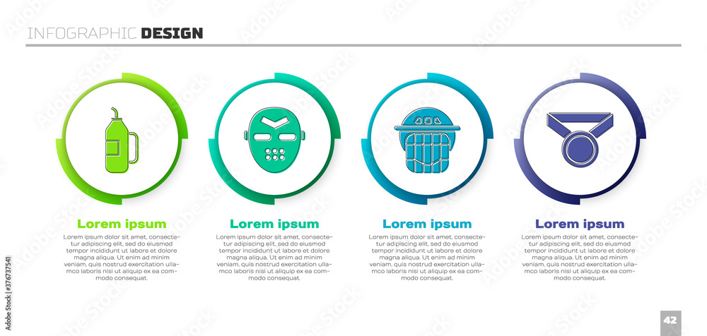 设置健身摇壶、冰球面罩、冰球头盔和奖章。商业信息图模板。矢量。