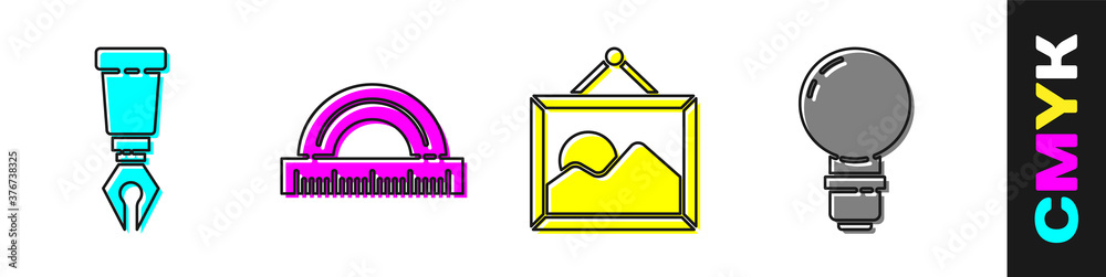 设置喷泉笔尖、量角器、图片横向和灯泡图标。矢量。