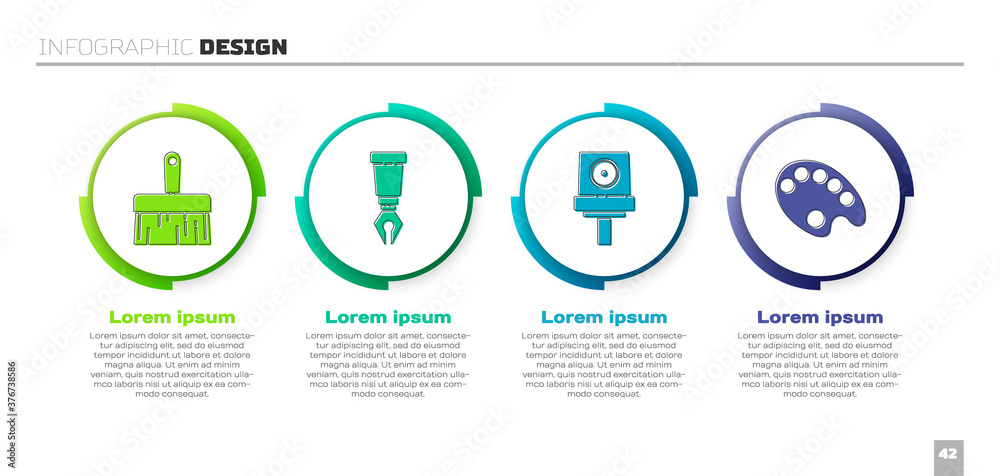 设置画笔、喷泉笔尖、喷雾罐喷嘴帽和调色板。商业信息图模板。