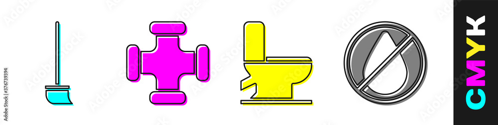 设置拖把、工业金属管、抽水马桶和水滴禁止图标。矢量。