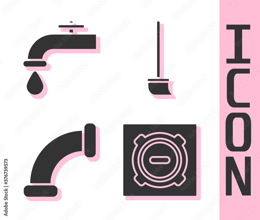 Set Manhole sewer cover, Water tap, Industry metallic pipe and Mop icon. Vector.