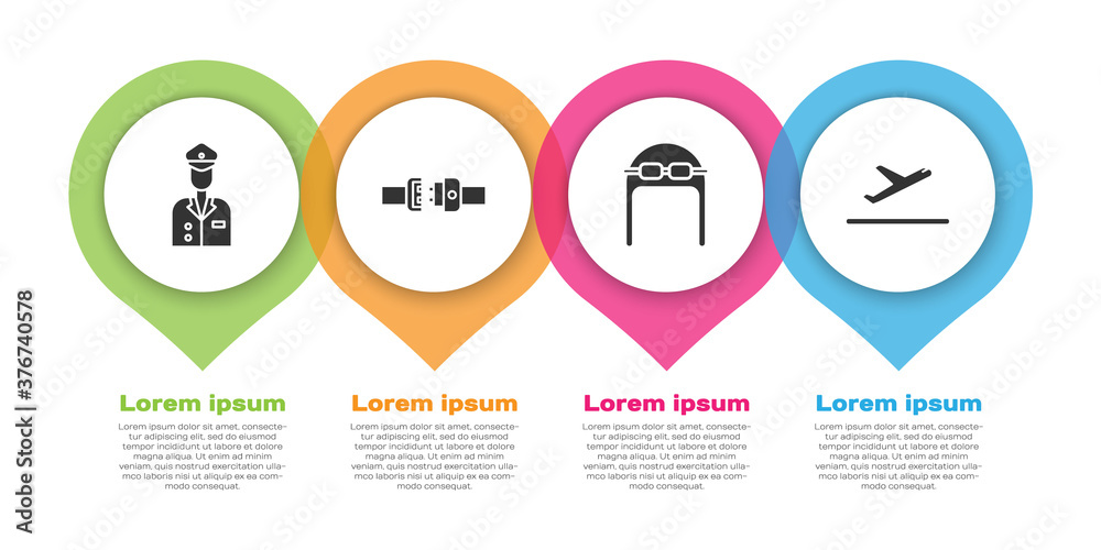 设置飞行员、安全带、带护目镜的飞行员帽和飞机起飞。商业信息图模板.V