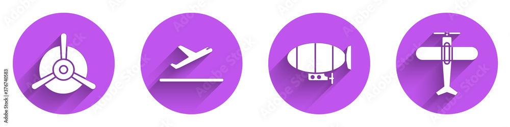 Set Plane propeller, Plane takeoff, Airship and Plane icon with long shadow. Vector.