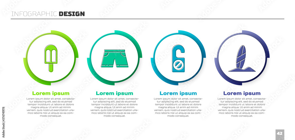 套装冰淇淋、泳裤、请勿打扰和冲浪板。商业信息图模板。