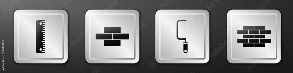 设置标尺、砖块、钢锯和砖块图标。银色方形按钮。矢量。