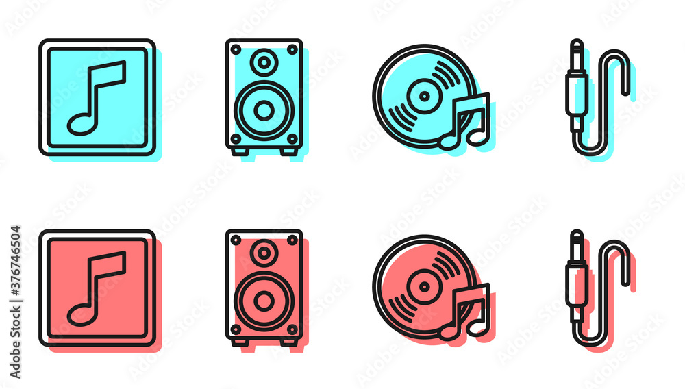 设置线乙烯基磁盘、音乐音符、音调、立体声扬声器和音频插孔图标。矢量。