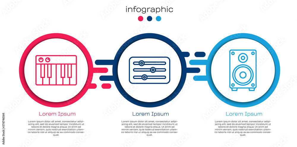 设置线路音乐合成器、混音器控制器和立体声扬声器。商业信息图模板