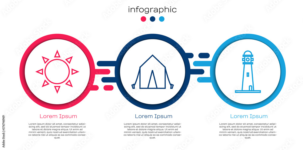 设置线路太阳、旅游帐篷和灯塔。商业信息图模板。矢量。