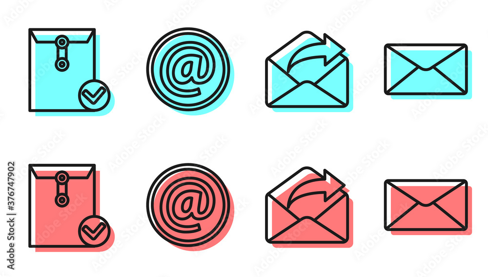 Set line Outgoing mail, Envelope and check mark, Mail and e-mail and Envelope icon. Vector.