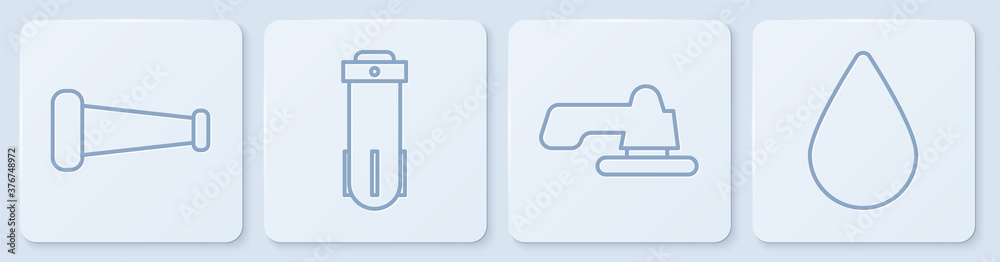 设置线工业金属管，水龙头，滤水器和水滴。白色方形按钮。矢量