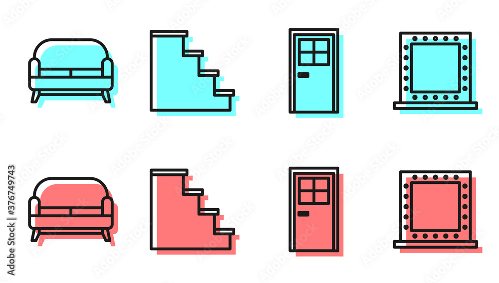 设置线关闭的门，沙发，楼梯和化妆镜与灯光图标。矢量。