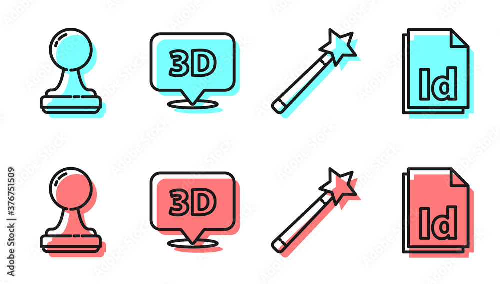 设置线条魔杖、印章、带有文本3D和ID文件文档图标的语音气泡。矢量。