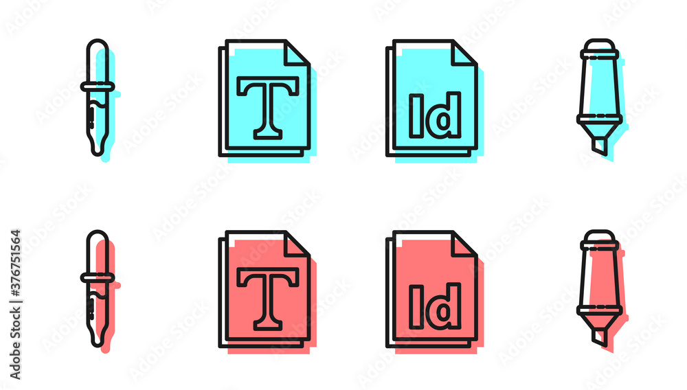 设置行ID文件文档、移液管、文本文件文档和标记笔图标。矢量。