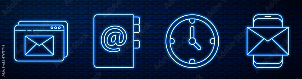 Set line Clock, Website and envelope, Address book and Mobile and envelope. Glowing neon icon on bri