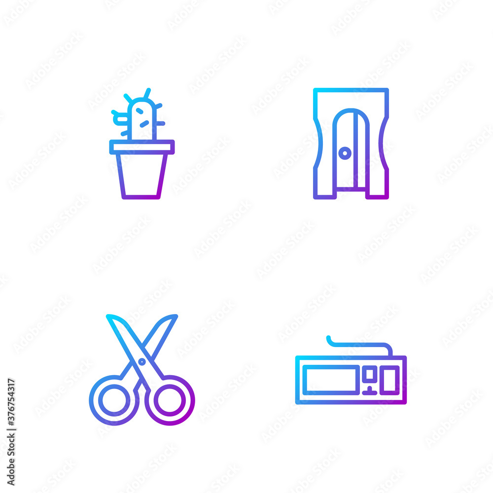 Set line Keyboard, Scissors, Cactus and succulent in pot and Pencil sharpener. Gradient color icons.