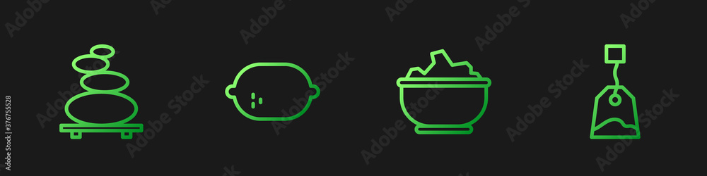 Set line Sea salt in a bowl, Stack hot stones, Lemon and Tea bag. Gradient color icons. Vector.