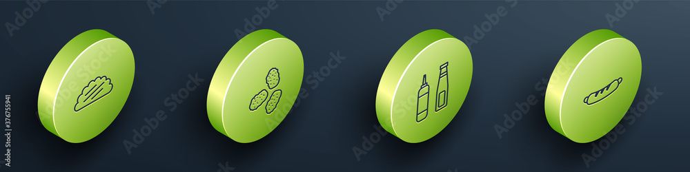 Set Isometric Taco with tortilla, Chicken nuggets, Sauce bottle and Hotdog sandwich icon. Vector.